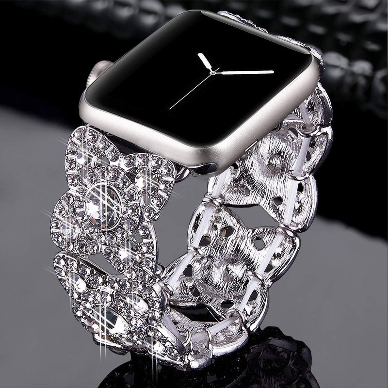 VIQIV Bling Bands for Compatible with Apple Watch 42mm 44mm 45mm 46mm 49mm Ultra Iwatch Series 11 10 9 8 7 6 5 4 3 SE SE2, Diamond Rhinestone Stainless Steel Metal Bracelet Wristband Strap for Women Silver - Image 2